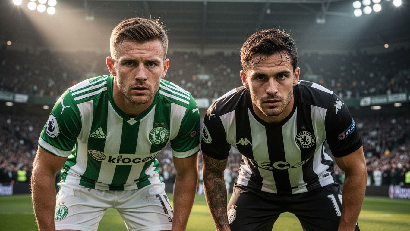 Two soccer players in striped green and black jerseys face each other with intense, focused expressions.