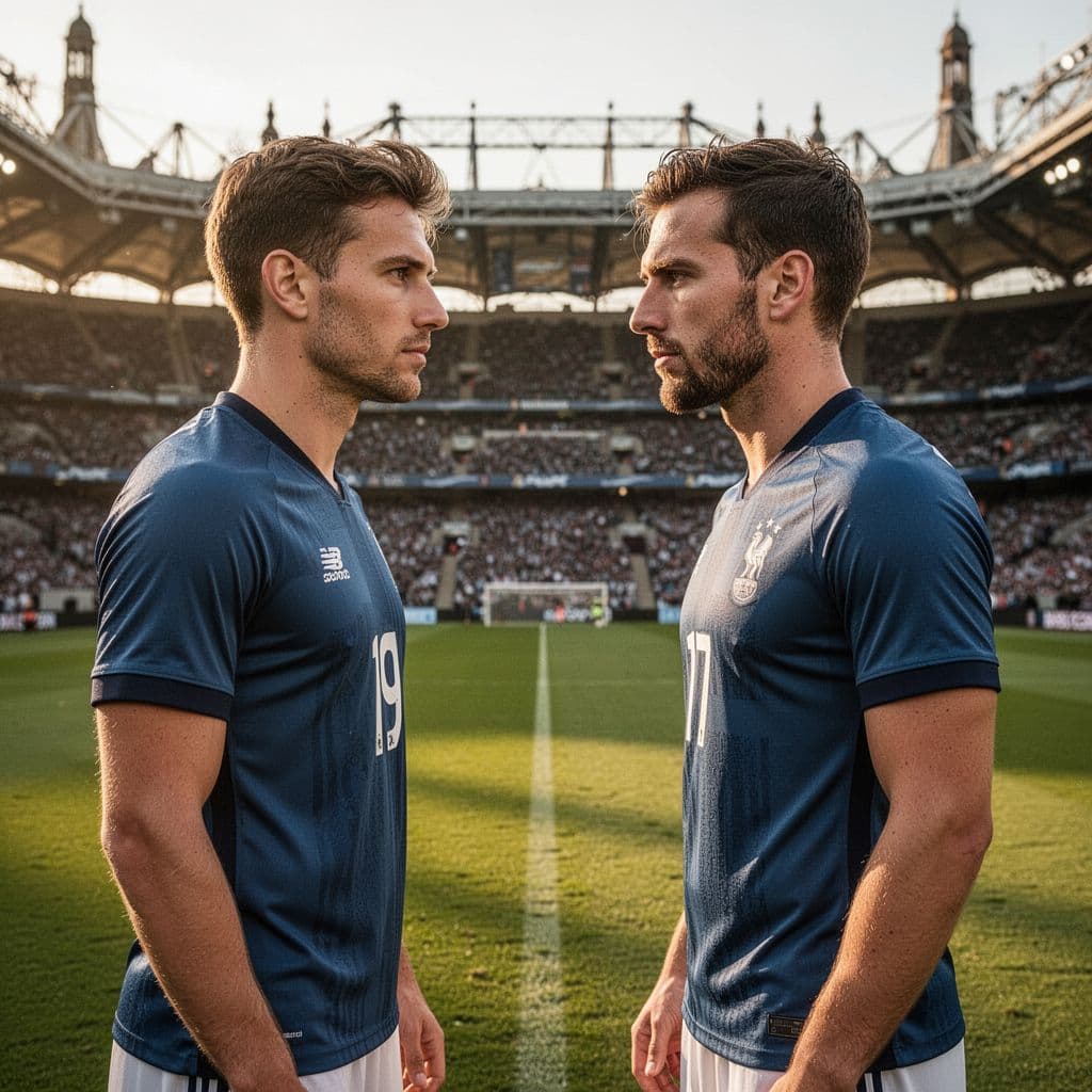 Two opposing soccer players stand face to face on the pitch at Santiago Bernabeu stadium.