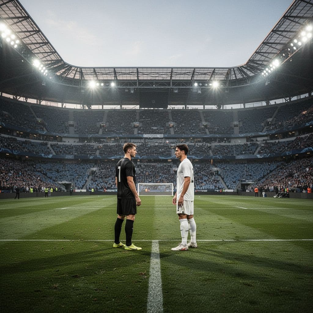 Two soccer teams stand on opposite sides of a vast, illuminated stadium pitch before a match.