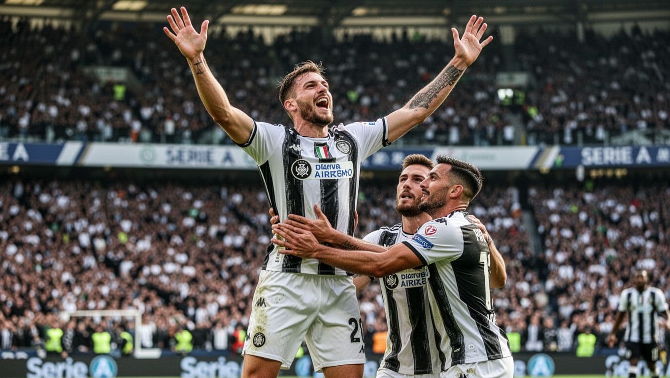 One Udinese forward jumps arms raised celebrating goal, teammates hug nearby in packed daytime Serie A stadium.