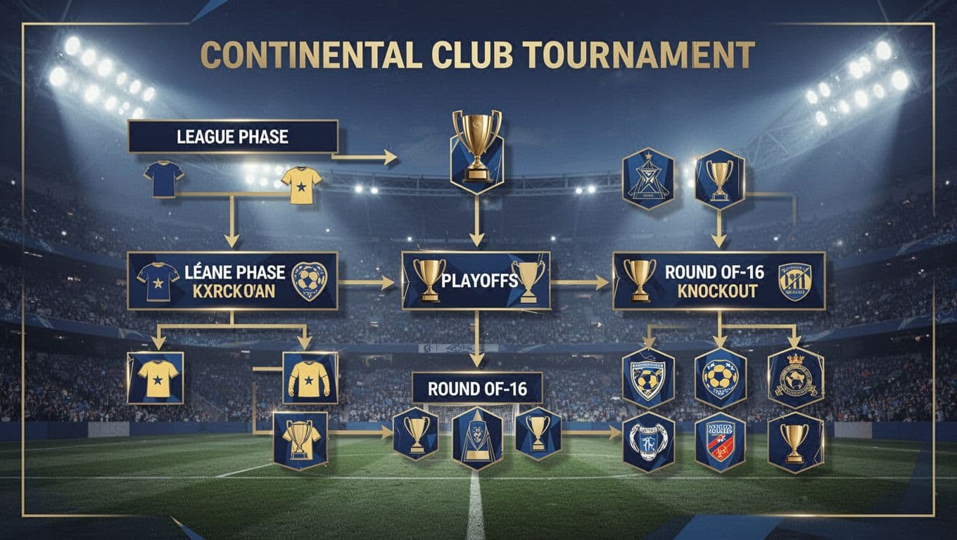Infographic flowchart shows 36-team league phase advancing top 8 to round of 16, 9-24 to playoffs, bottom 12 eliminated.
