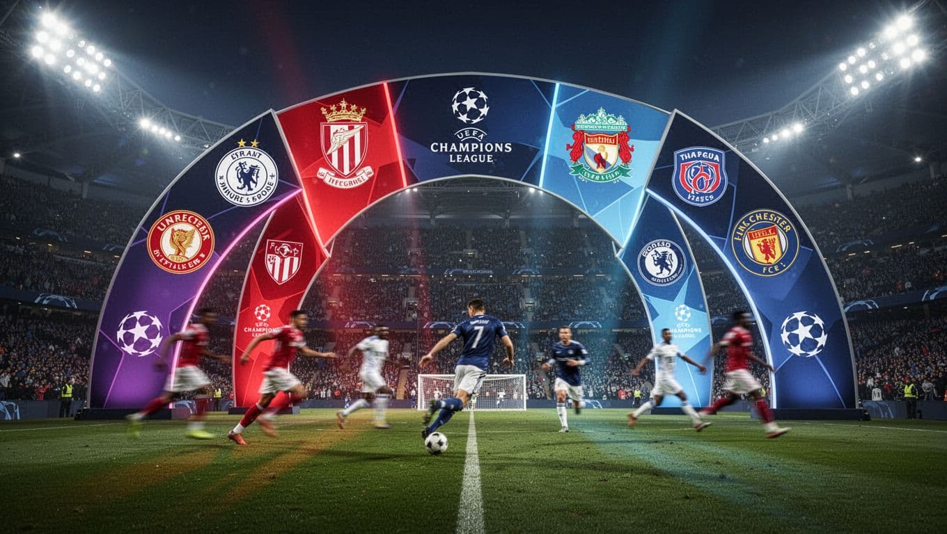 Seven stylized stadium scenes in semi-circle with blurred action backgrounds under floodlights.