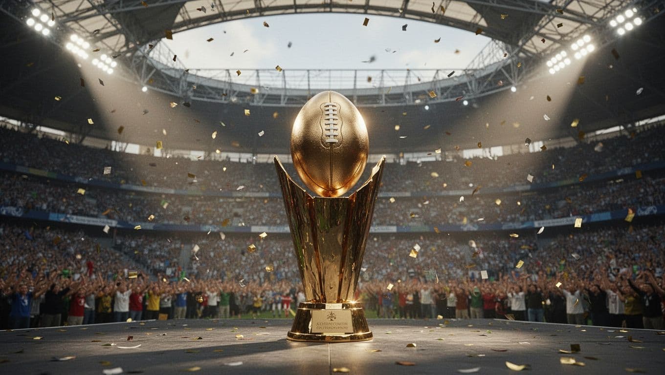 UEFA Champions League trophy centered on stadium stage under spotlights with shadows, falling confetti, and blurred crowd background.