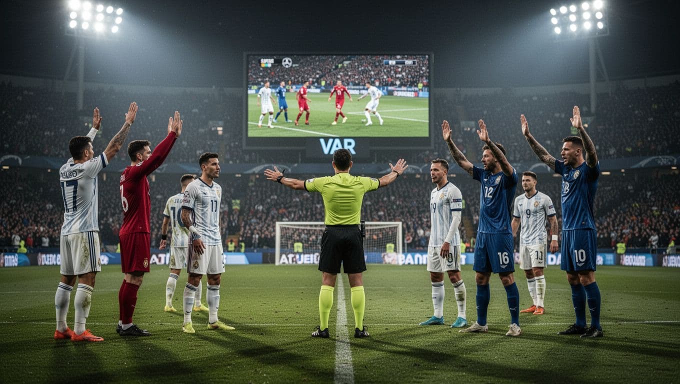 Referee views VAR screen as players from two teams protest mildly in night stadium.