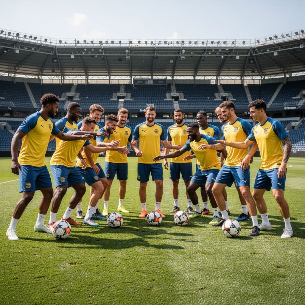Eleven football players in yellow and blue jerseys practice on a grassy field under sunny conditions.