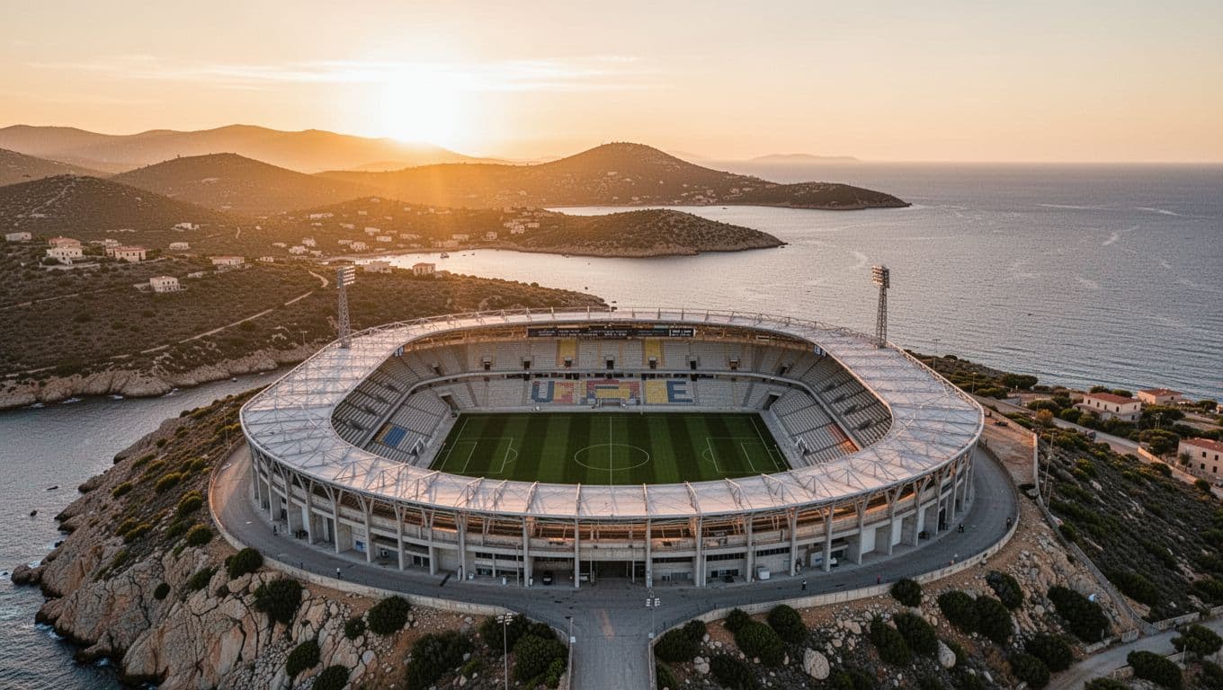 Aerial view of empty Unipol Domus stadium at sunset with Sardinia coastline and hills in background.