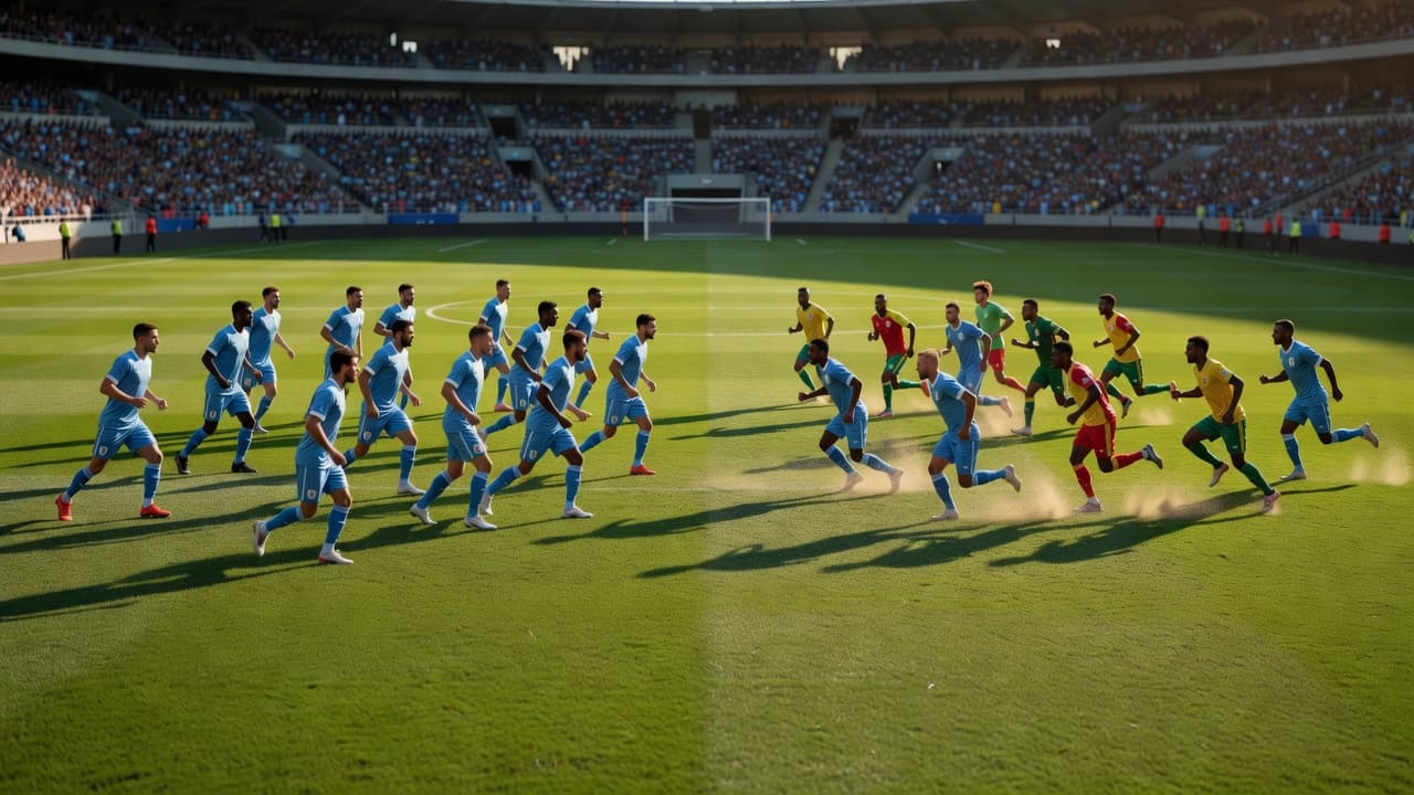 Players in light blue uniforms maintain a disciplined formation on the grass, while an opposing team in vibrant jerseys sprints rapidly. Warm golden afternoon light illuminates the vast stadium pitch.