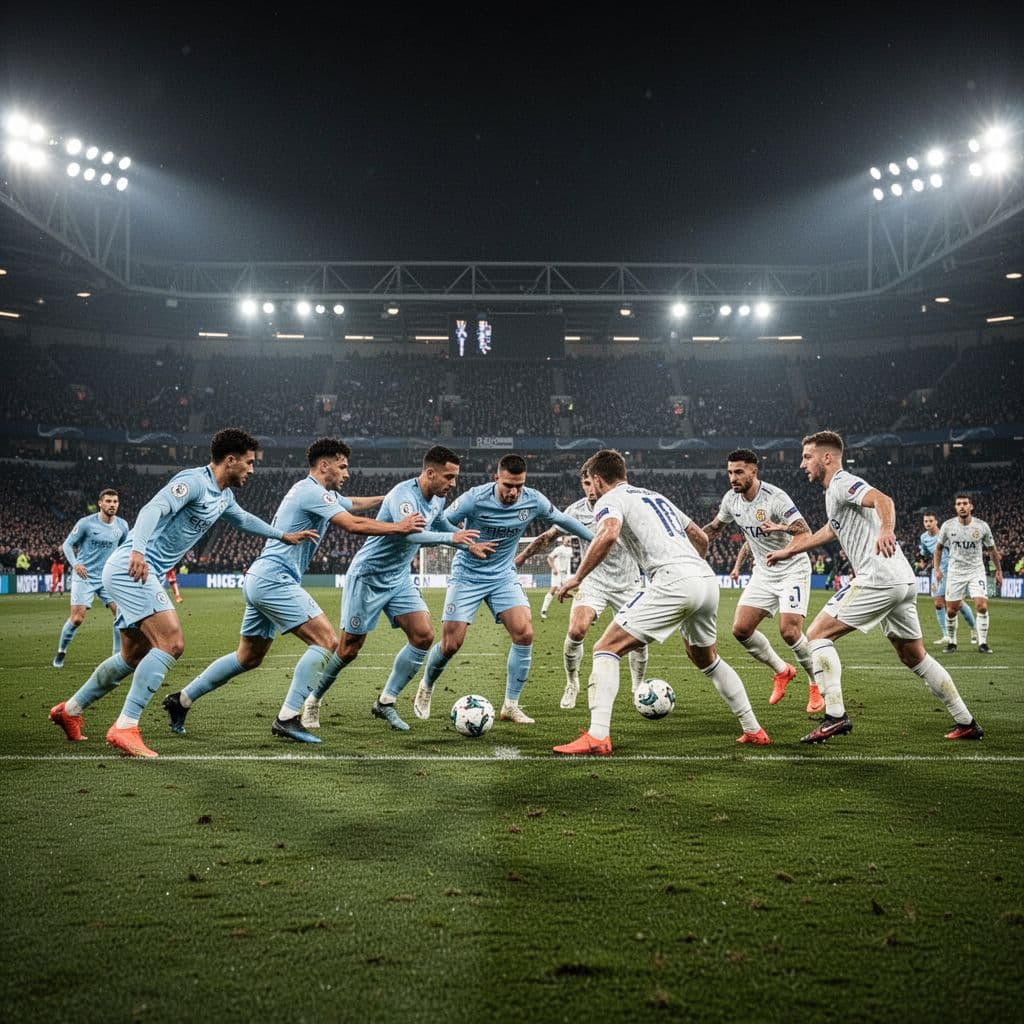 Athletes in light blue uniforms defend against opponents wearing white jerseys on a manicured grass pitch. Brilliant stadium floodlights illuminate the intense evening competition under a dark night sky.