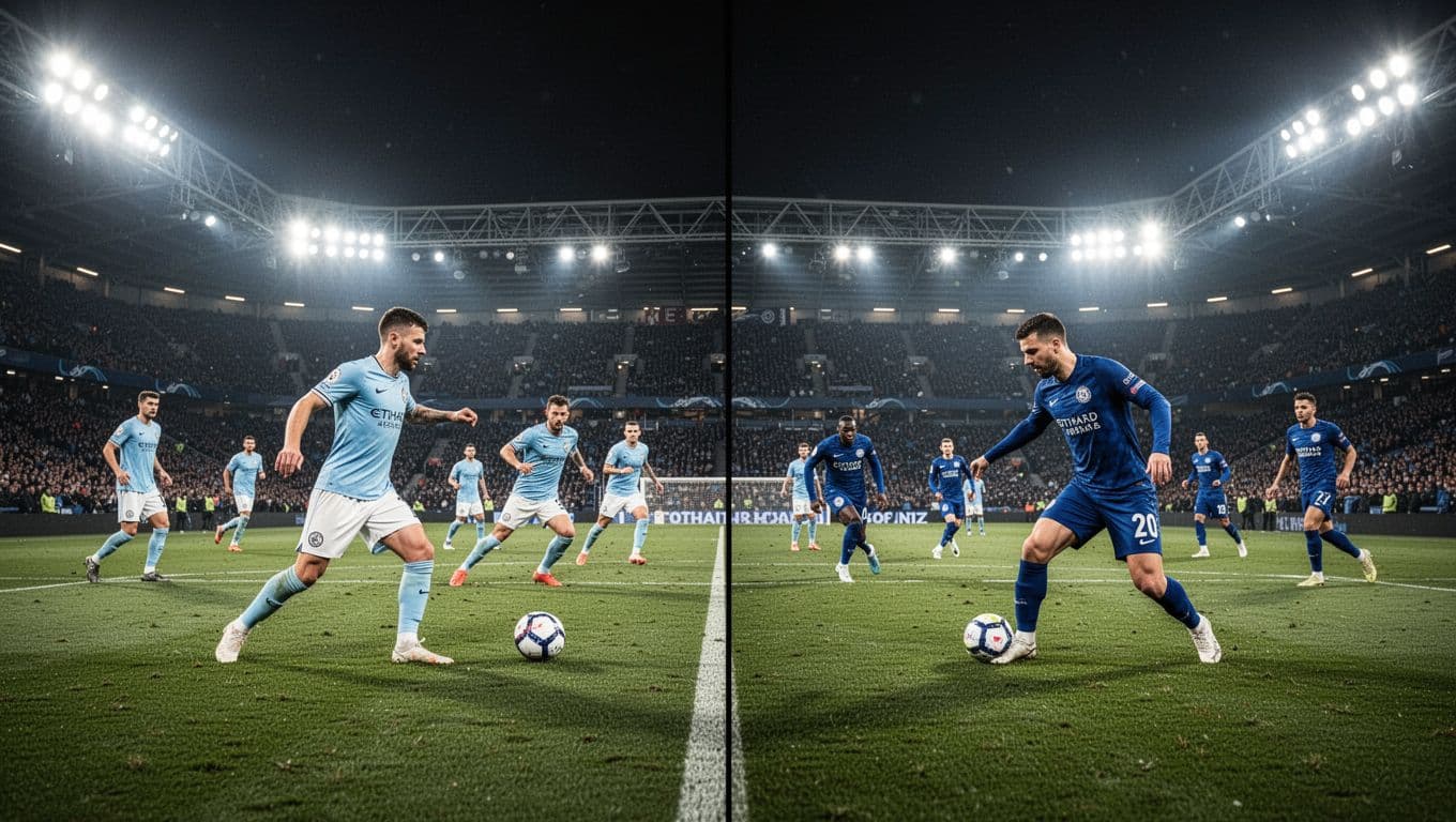 A split-screen view shows a professional stadium at night under bright stadium lights. On one side, Uruguay players in light blue uniforms compete against Cape Verde athletes dressed in deep blue jerseys.