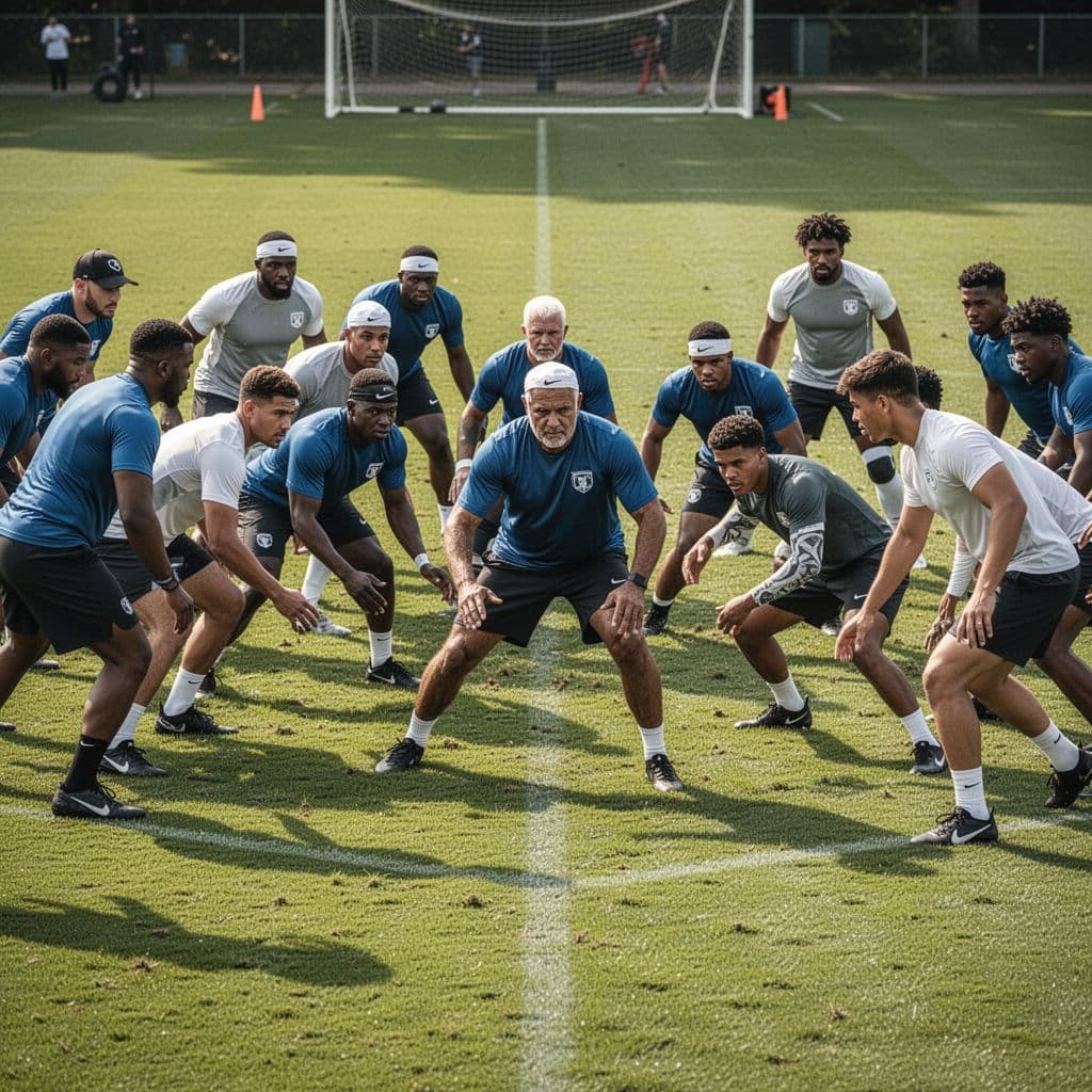 A diverse squad of Uruguayan football players runs drills on a vibrant green grass pitch. Experienced veterans mentor younger prospects during an intense tactical training session under clear, natural daylight conditions.