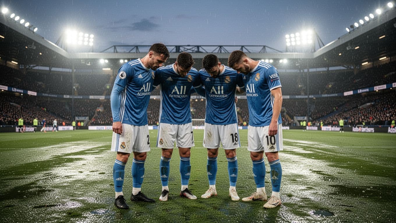 Four US Lecce players huddle dejectedly on wet pitch under stadium floodlights at dusk.