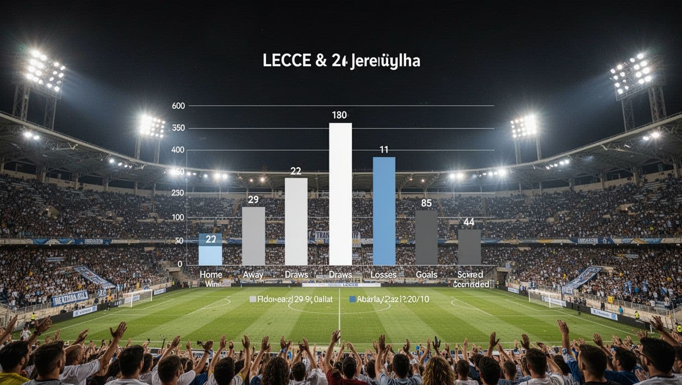 Bar graph shows US Lecce Serie A home and away wins, draws, losses, goals scored and conceded against nighttime stadium with supporters.