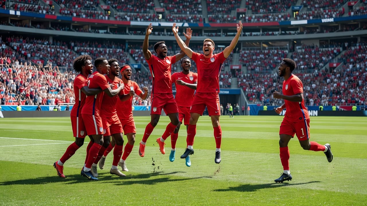 Players from the United States national soccer team celebrate a major win on the lush green field of a massive stadium. They are gathered together under bright natural daylight conditions.