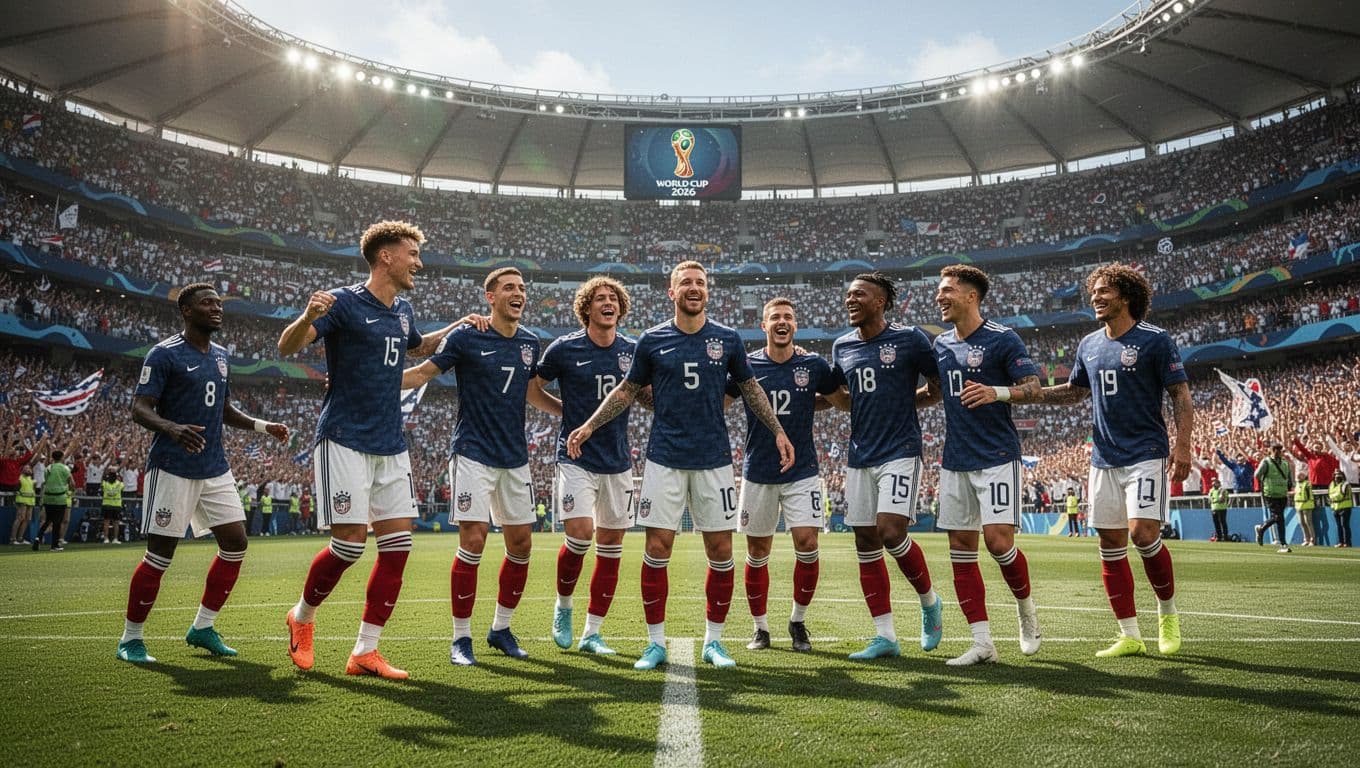 United States national team players in matching kits jump together on a vibrant green stadium pitch. Bright daylight illuminates the crowded World Cup stands as the team celebrates a key goal.