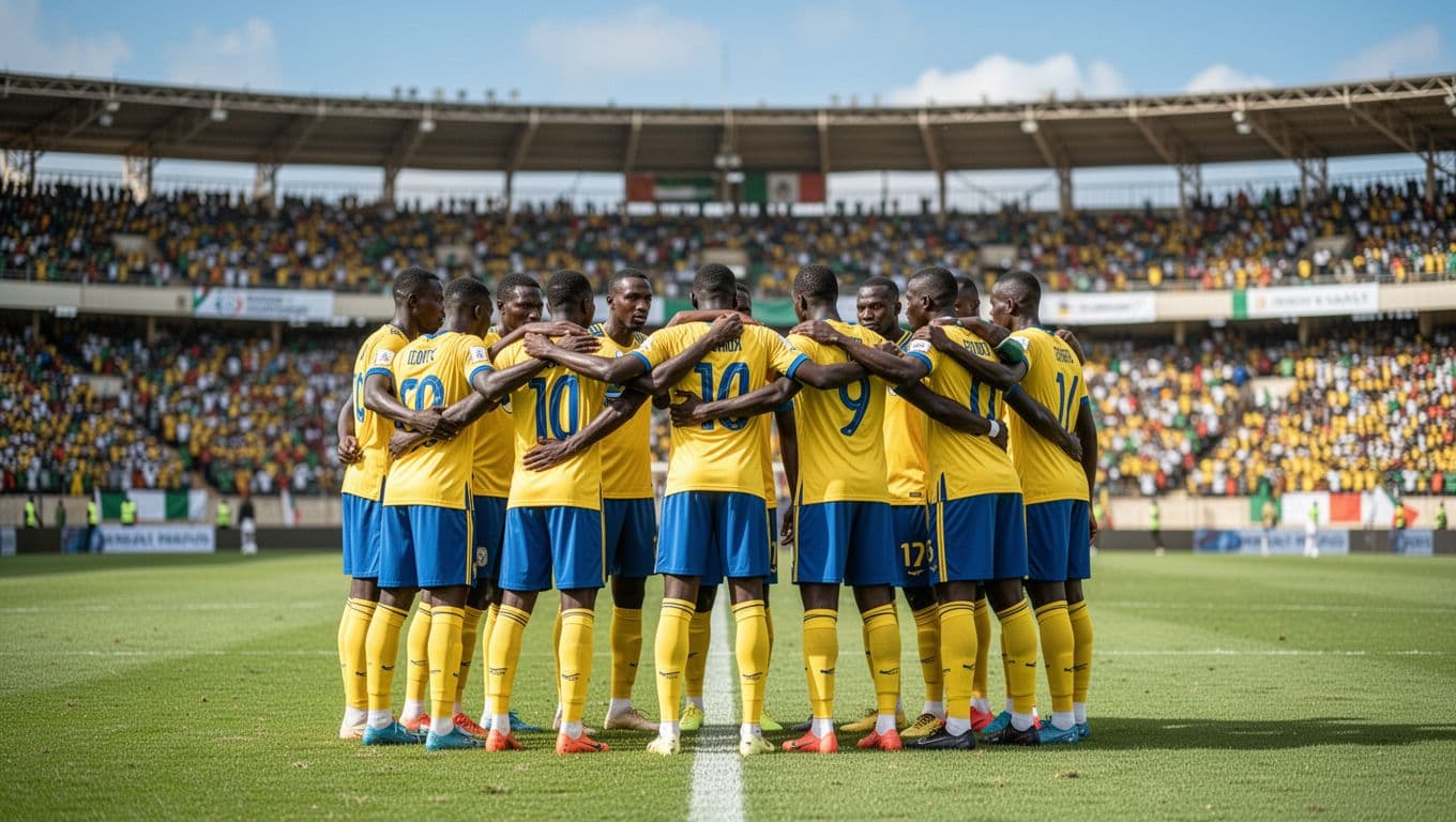 Eleven players in yellow-blue uniforms huddle on green pitch at Stade Amadou Gon Coulibaly in Gagnoa under sunny sky with blurred stands.