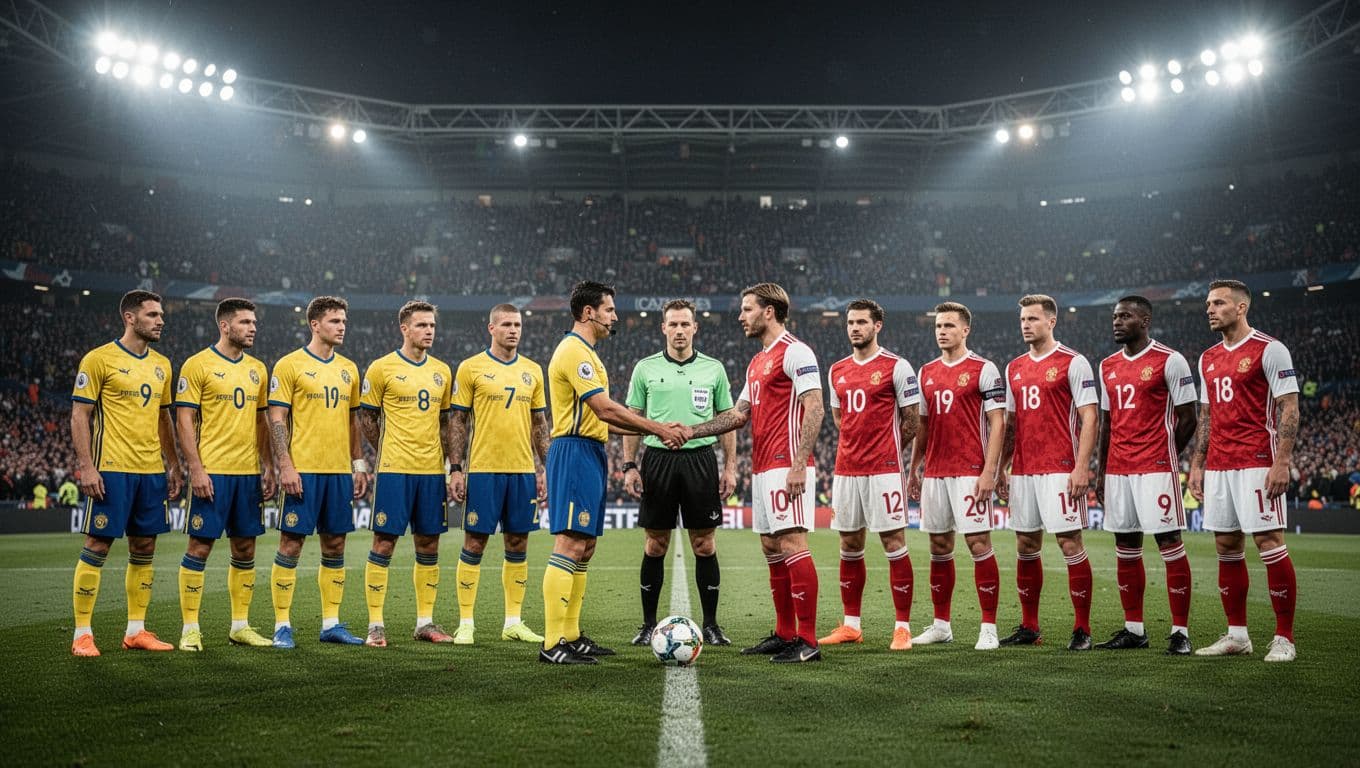 US Tchologo in yellow-blue kits lines up left versus Stade Abidjan in red-white on right, referee centers captains' handshake on green stadium pitch under floodlights.