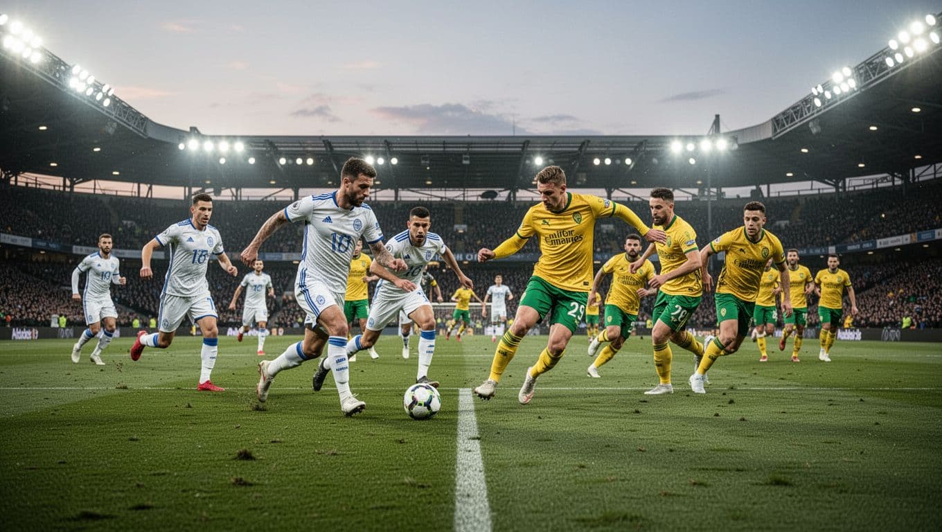 Players in white and blue kits compete against a team in yellow and green uniforms on a lush green grass pitch under the glowing stadium lights during a high-stakes evening game.