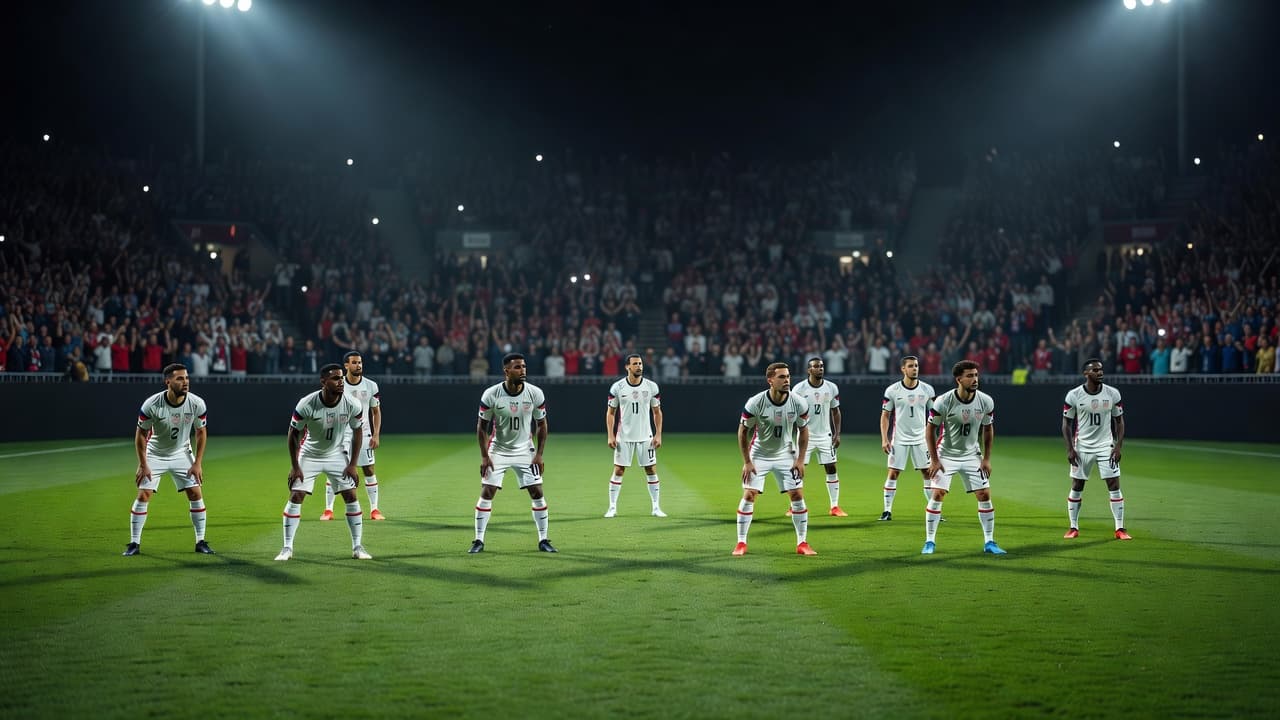 A group of professional soccer players wearing home jerseys stand on a vibrant grass pitch. The stadium atmosphere glows under night lights as blurred fans fill the background stands behind them.