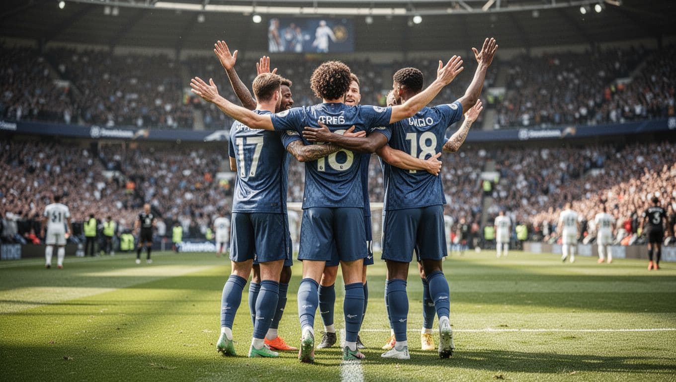 Three soccer players in navy and white jerseys embrace on a sunlit stadium pitch during a match. They are captured in a dynamic moment of joy, cheering loudly under bright daylight.
