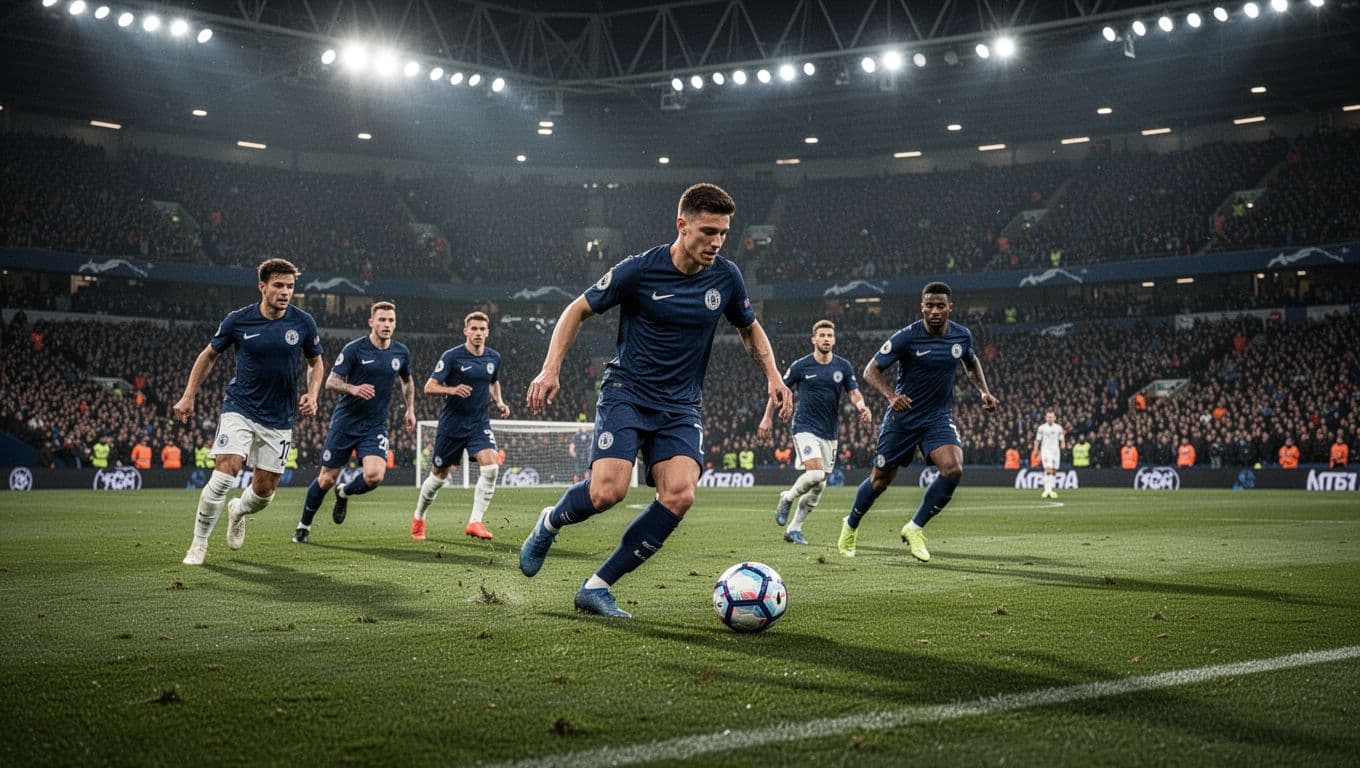 A soccer player in a dark blue jersey dribbles a ball across a lush grass field. Teammates move in support under the bright artificial lights of a crowded professional stadium arena.