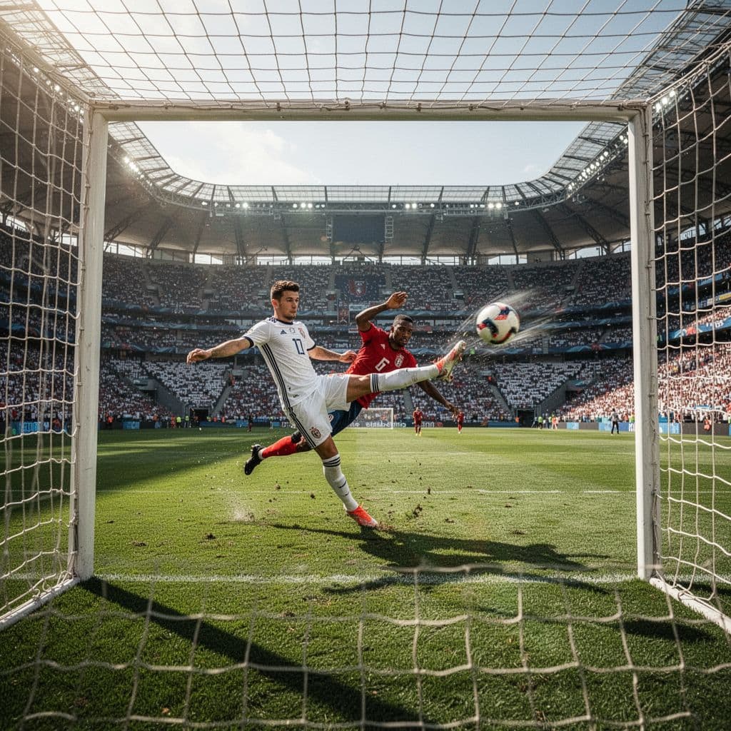 A soccer player wearing a dark blue USA jersey lunges forward to strike a white ball into the net. The intense daytime action takes place in a vast, empty stadium arena.