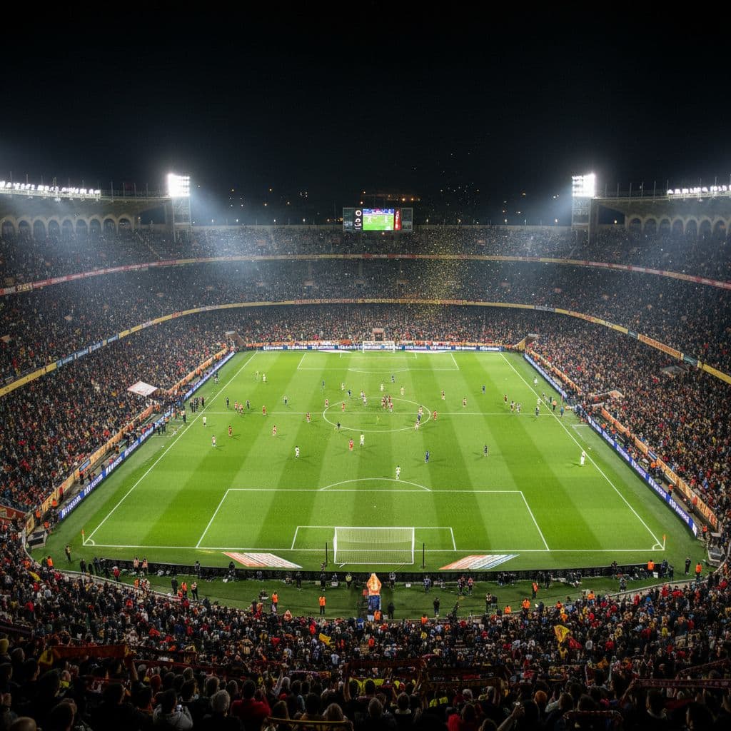 An aerial view of a crowded football stadium at night with a brightly illuminated pitch.