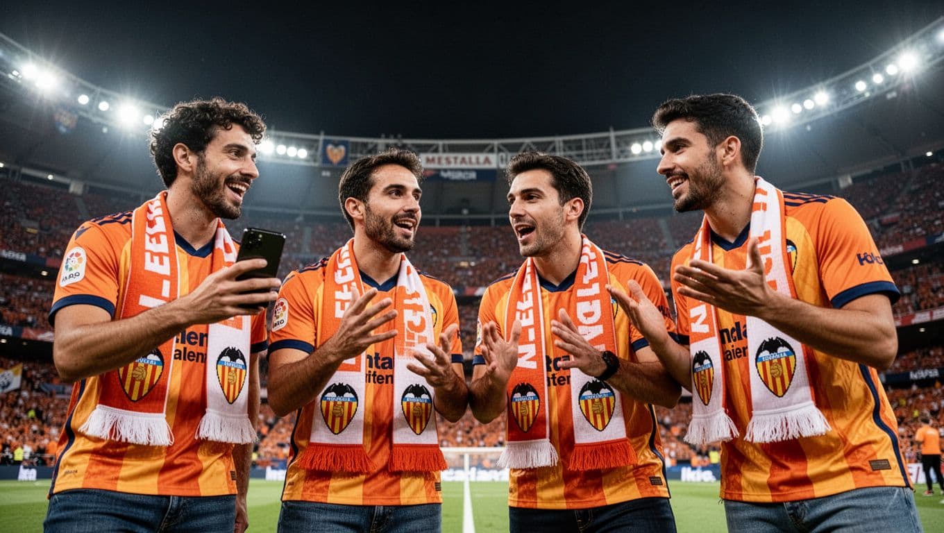 Four Valencia CF fans in night game stands, one holds smartphone with stats chart, others gesture excitedly in orange-white jerseys.