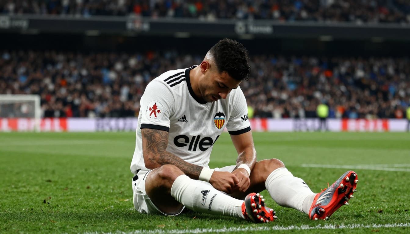 A football player in a black and white jersey stands on the pitch looking tired and dejected.