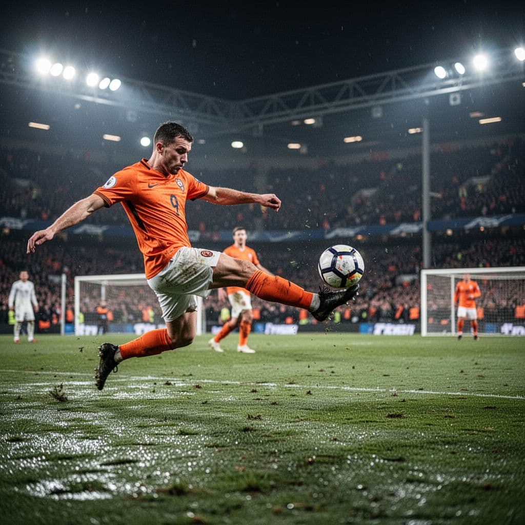 A soccer player in an orange jersey strikes the ball toward the goal at Mestalla stadium at night.