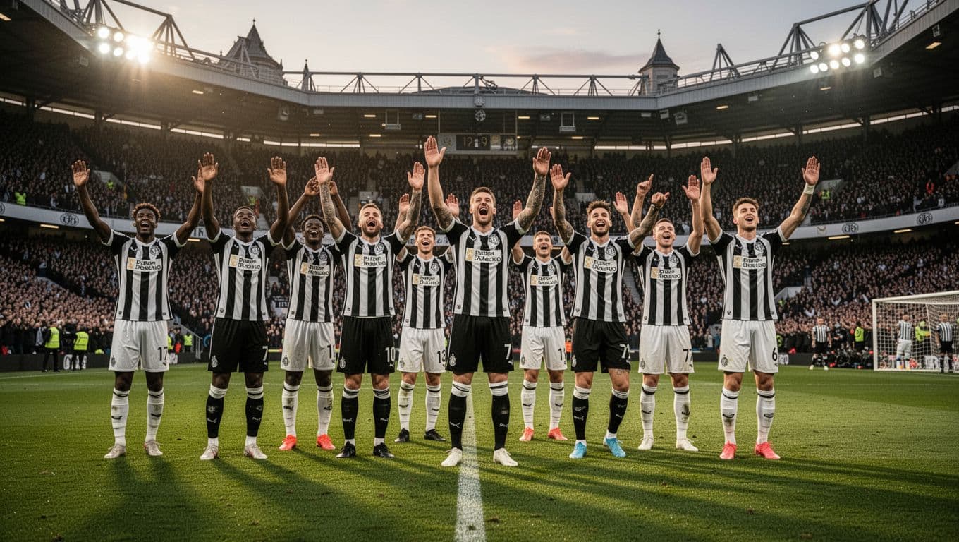 Vasco da Gama players in black and white jerseys celebrate a goal on Sao Januario field, crowd cheering in evening light.