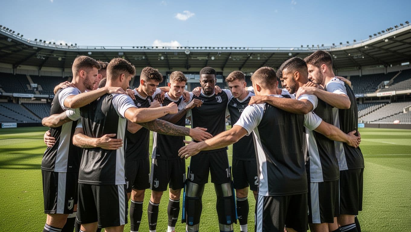 Eleven Vasco da Gama players in black and white jerseys huddle arms over shoulders on green soccer field, stadium in background.