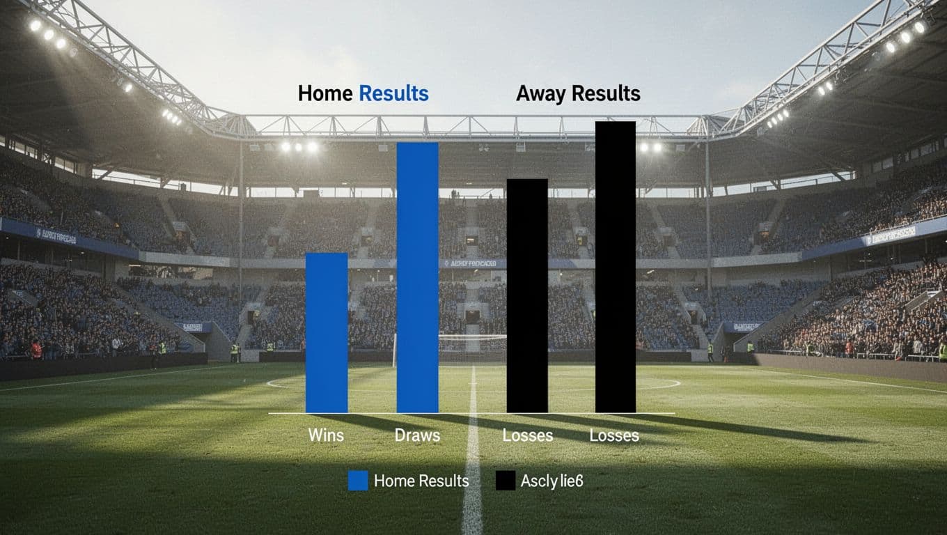 Two bar charts compare Vasco da Gama Serie A home (blue bars) and away (black bars) wins, draws, losses with home higher on simple stadium background.