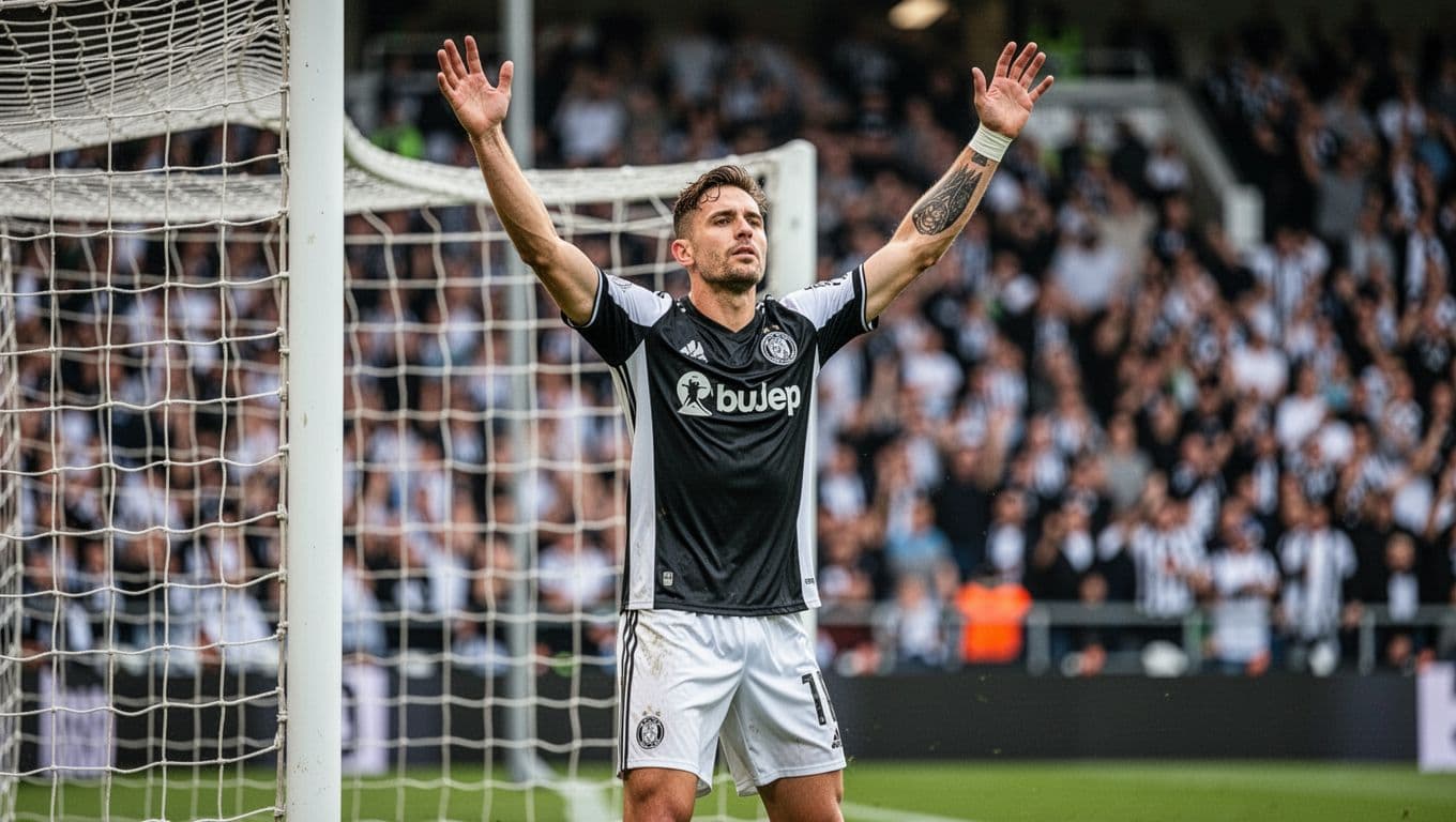 Striker in black and white Vasco da Gama jersey raises arms celebrating goal before net, blurred stadium crowd behind.