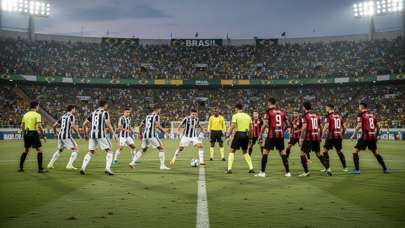 Vasco da Gama in black-white jerseys attacks Athletico Paranaense defenders in red-black during midfield play at packed Estadio Sao Januario under evening floodlights.