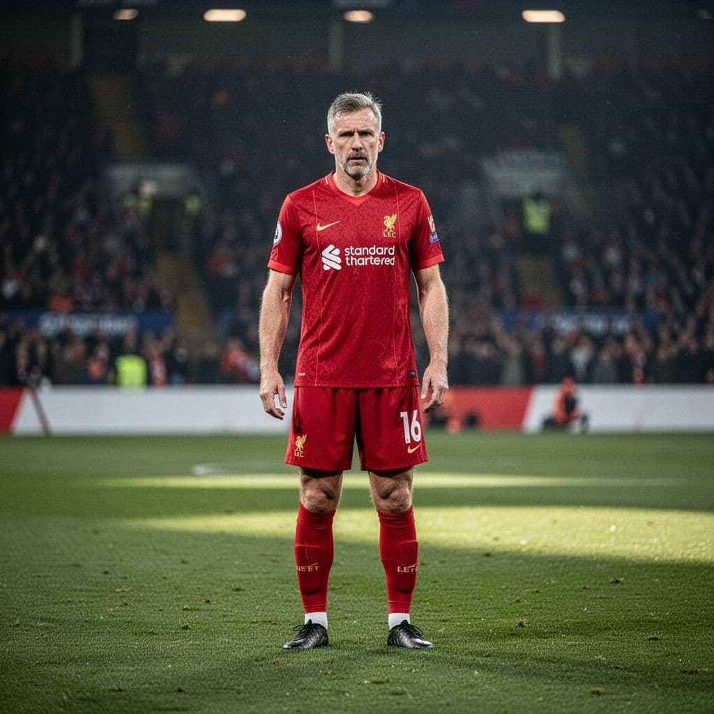 A seasoned football athlete wearing a bright red team kit stands poised on a lush green professional pitch. His focused expression captures the intensity of a high-stakes competitive match environment.