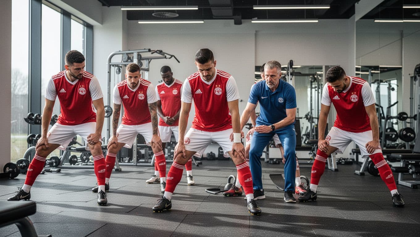 Five VfB Stuttgart players in red and white jerseys stretch and recover in a modern gym, physiotherapist assisting one.