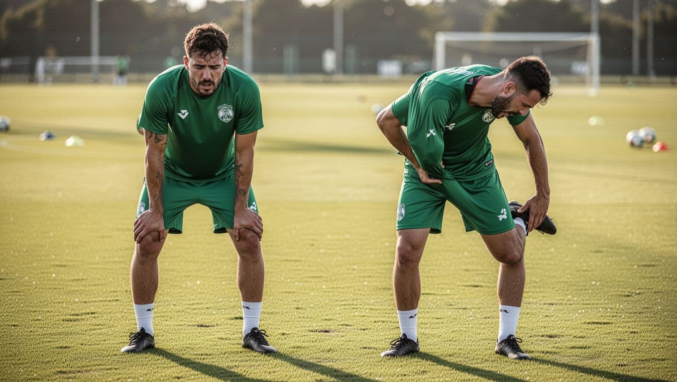 Three VfL Wolfsburg players in green kits on sunny training field, one hands on knees, one stretching hamstring, coach behind.
