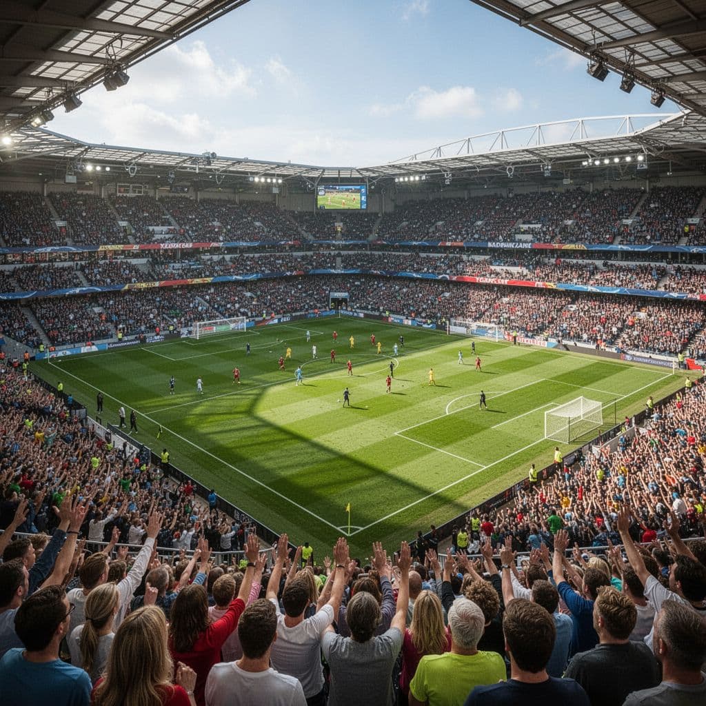 A high-angle view captures a professional football match with a crowded stadium under bright daylight.