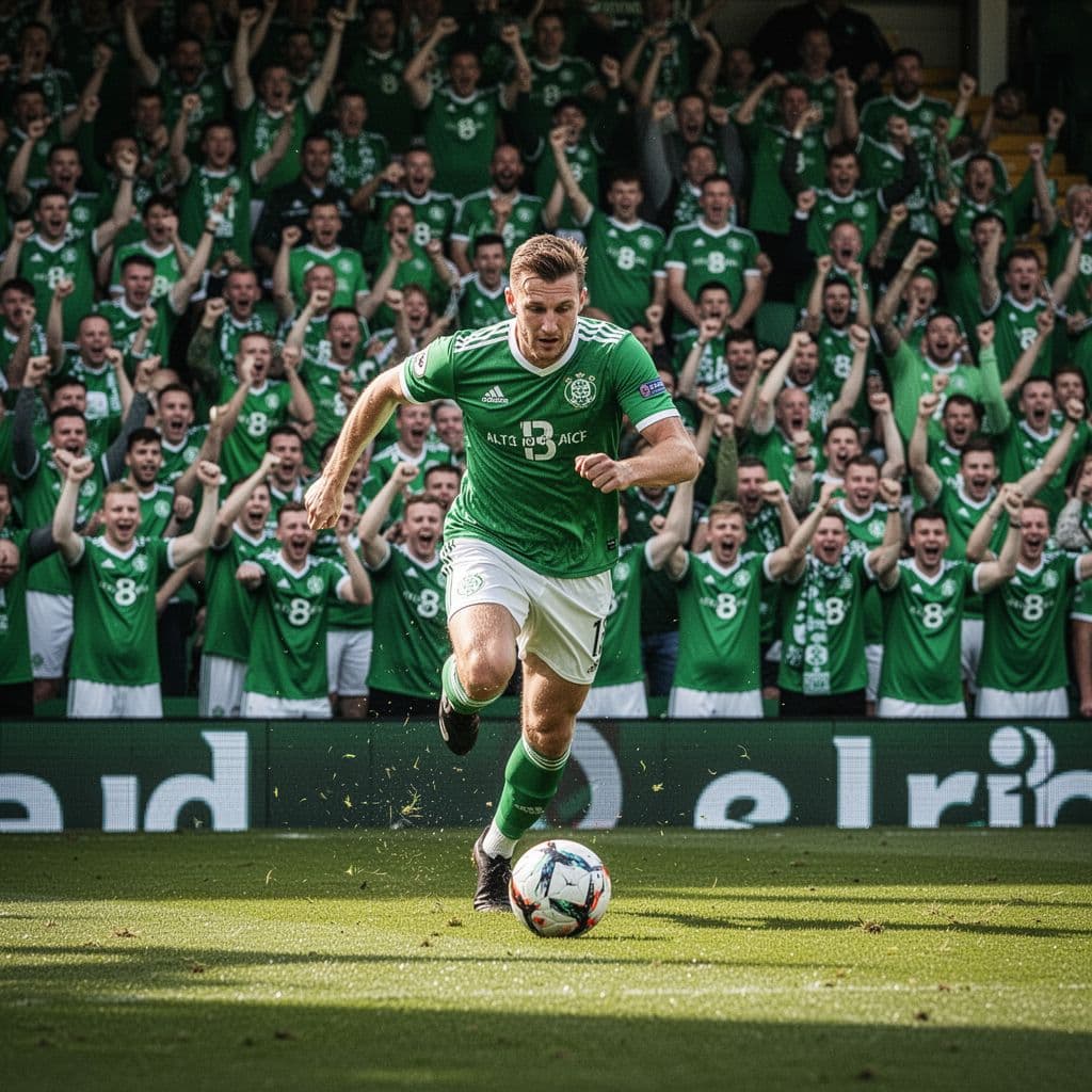 A dynamic athlete sprints across the emerald turf in a packed Irish stadium. Focused spectators in green jerseys cheer as the player maneuvers the ball through bright natural daylight conditions.