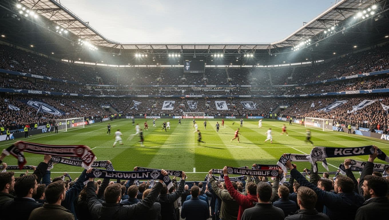 A wide-angle view of a vibrant green soccer pitch filled with cheering fans under bright stadium lights.
