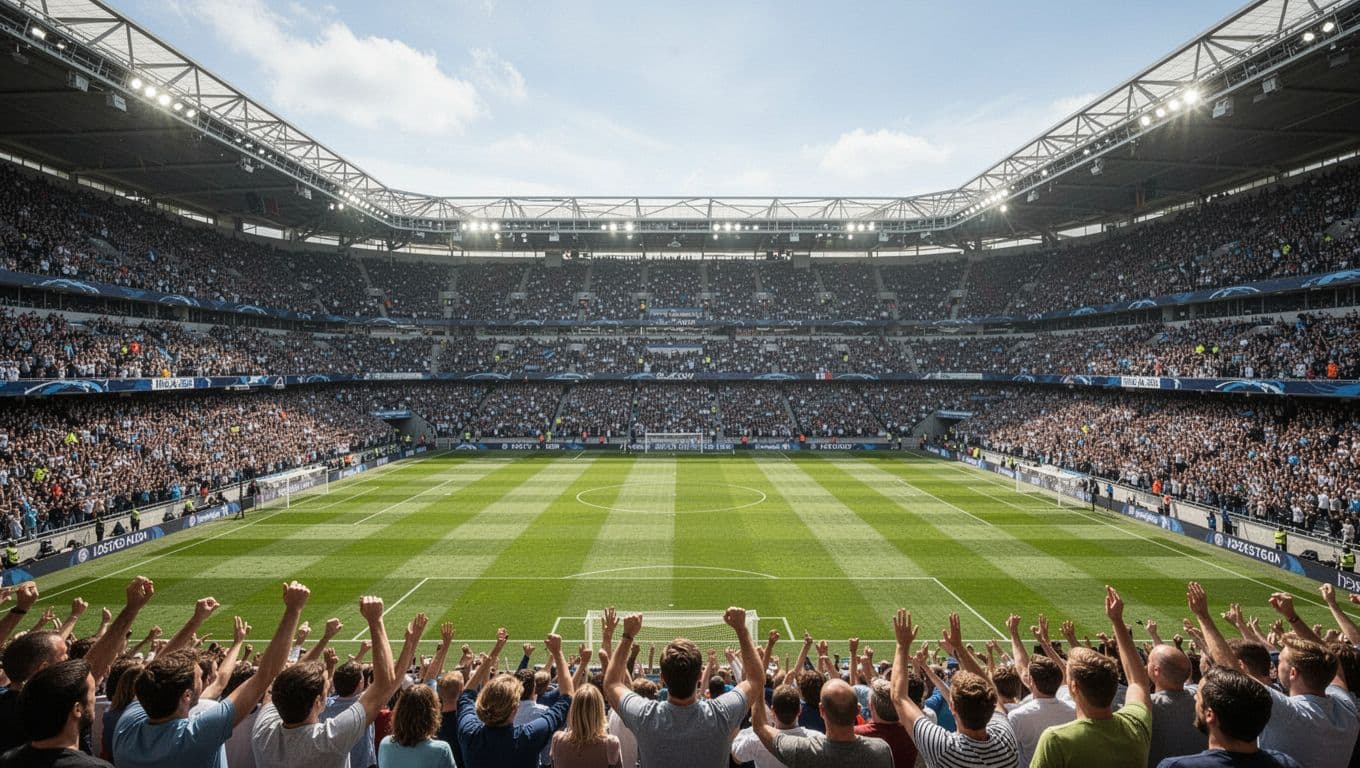 Thousands of enthusiastic fans fill the tiered stadium seating surrounding a pristine, emerald green soccer pitch. The scene is captured under clear blue skies during a bright, sunny afternoon match.