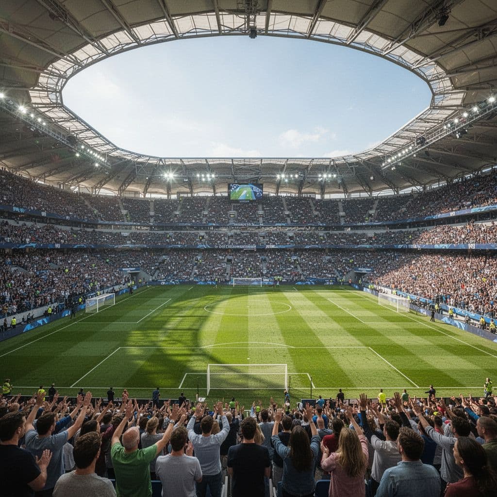 A wide-angle view of a packed football stadium featuring a pristine green pitch and cheering crowds.