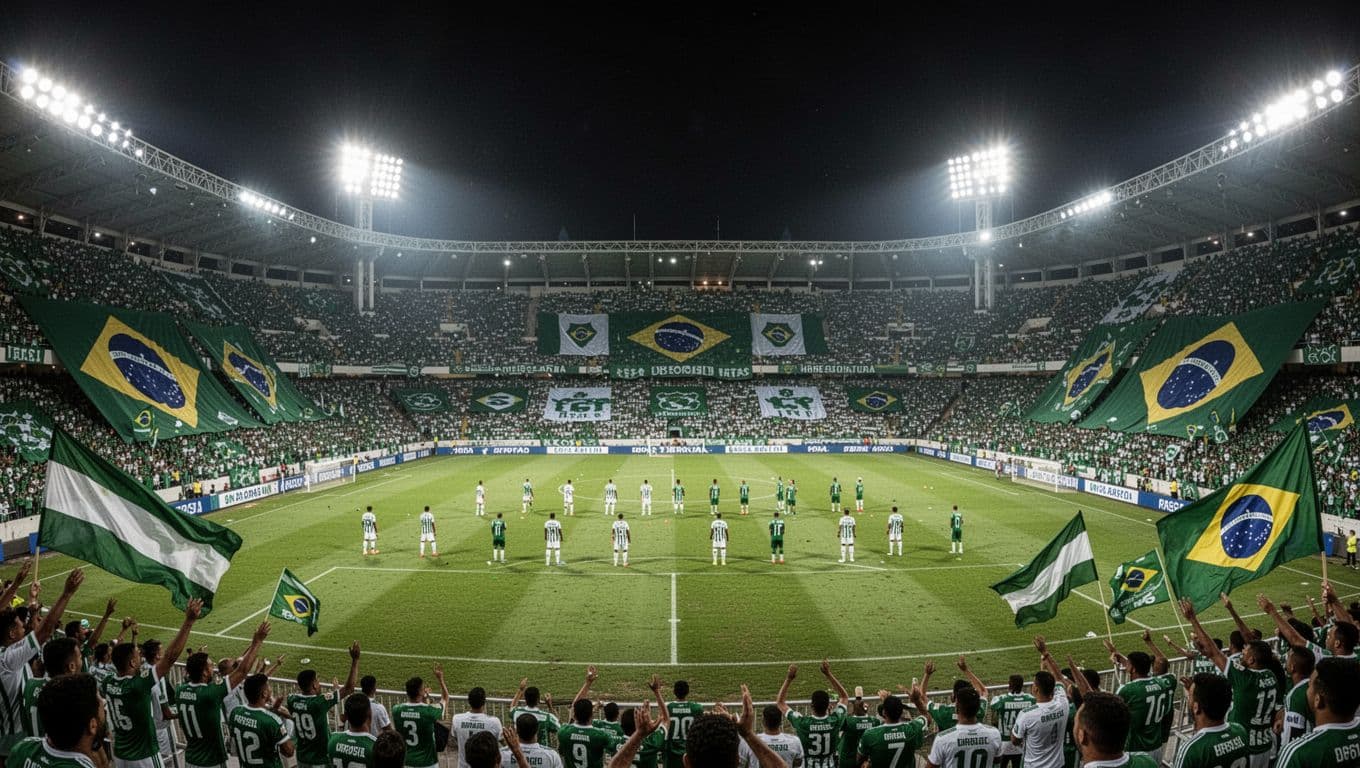 Santos FC players warm up on green pitch under floodlights in crowded Vila Belmiro stadium at night, fans waving flags.