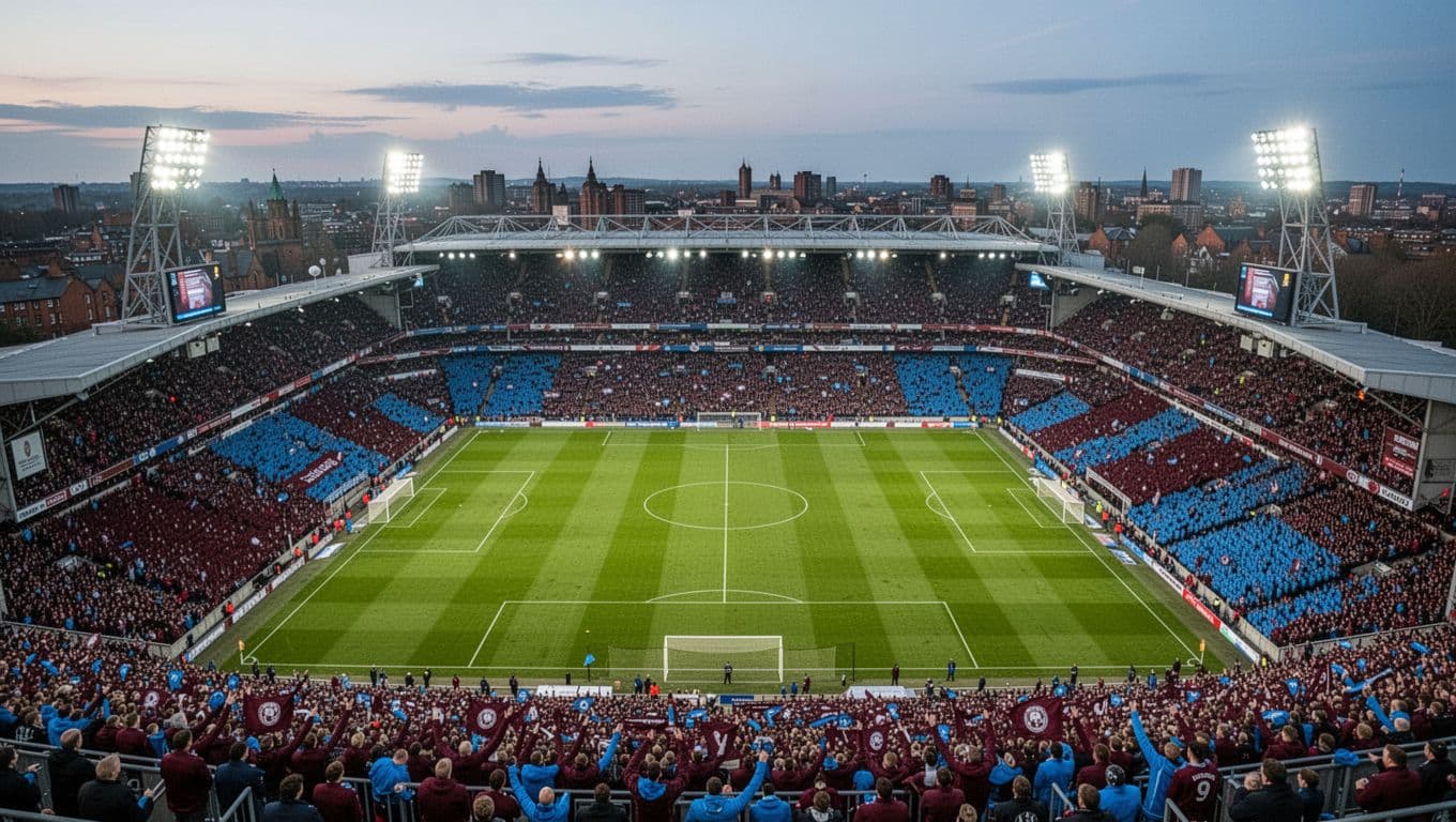 Aerial view of Villa Park stadium packed with Aston Villa fans in claret and blue under floodlights, green pitch visible.