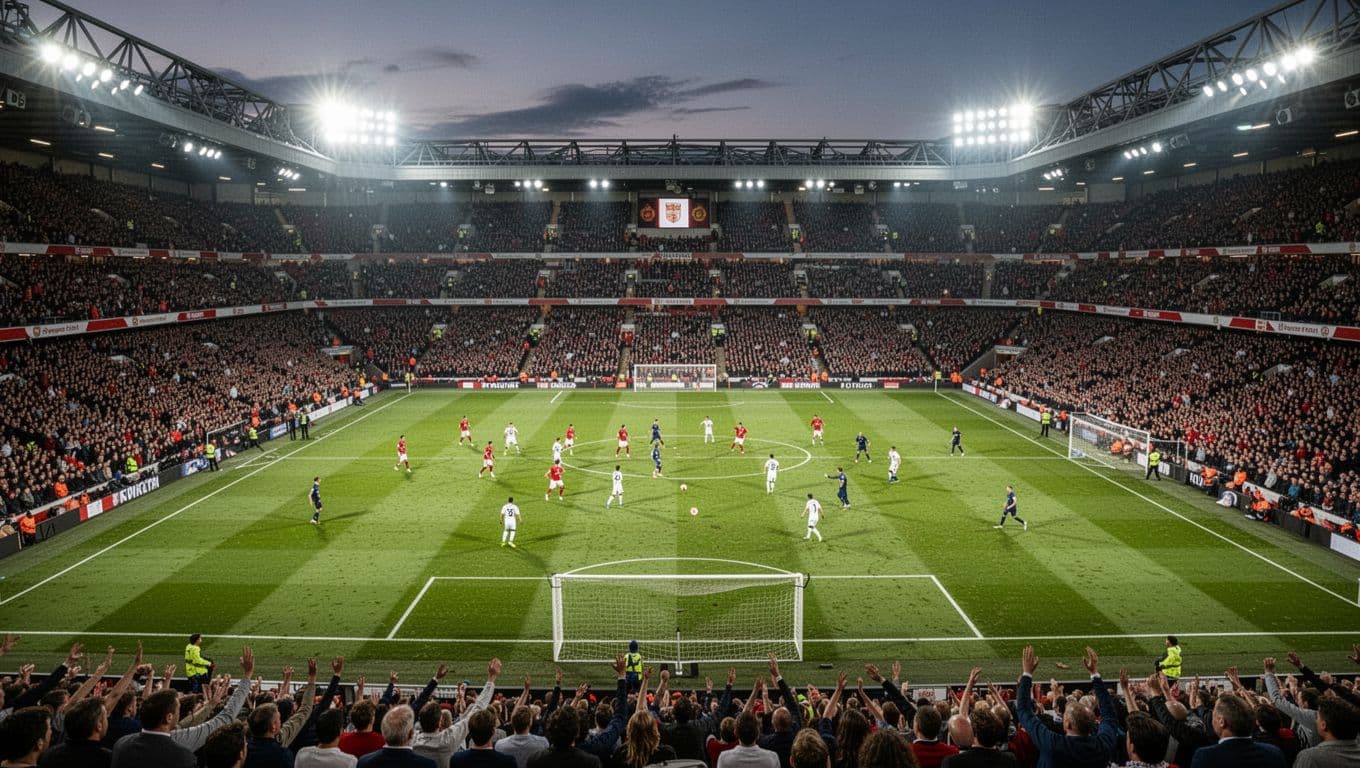 A wide view of a crowded English football stadium under bright floodlights during a competitive evening match.