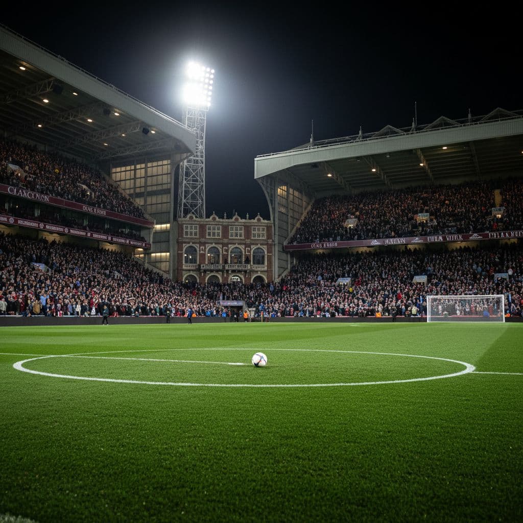 Wide-angle view of Villa Park stadium at night, stands packed with claret and blue fans, illuminated manicured pitch with football in center circle.