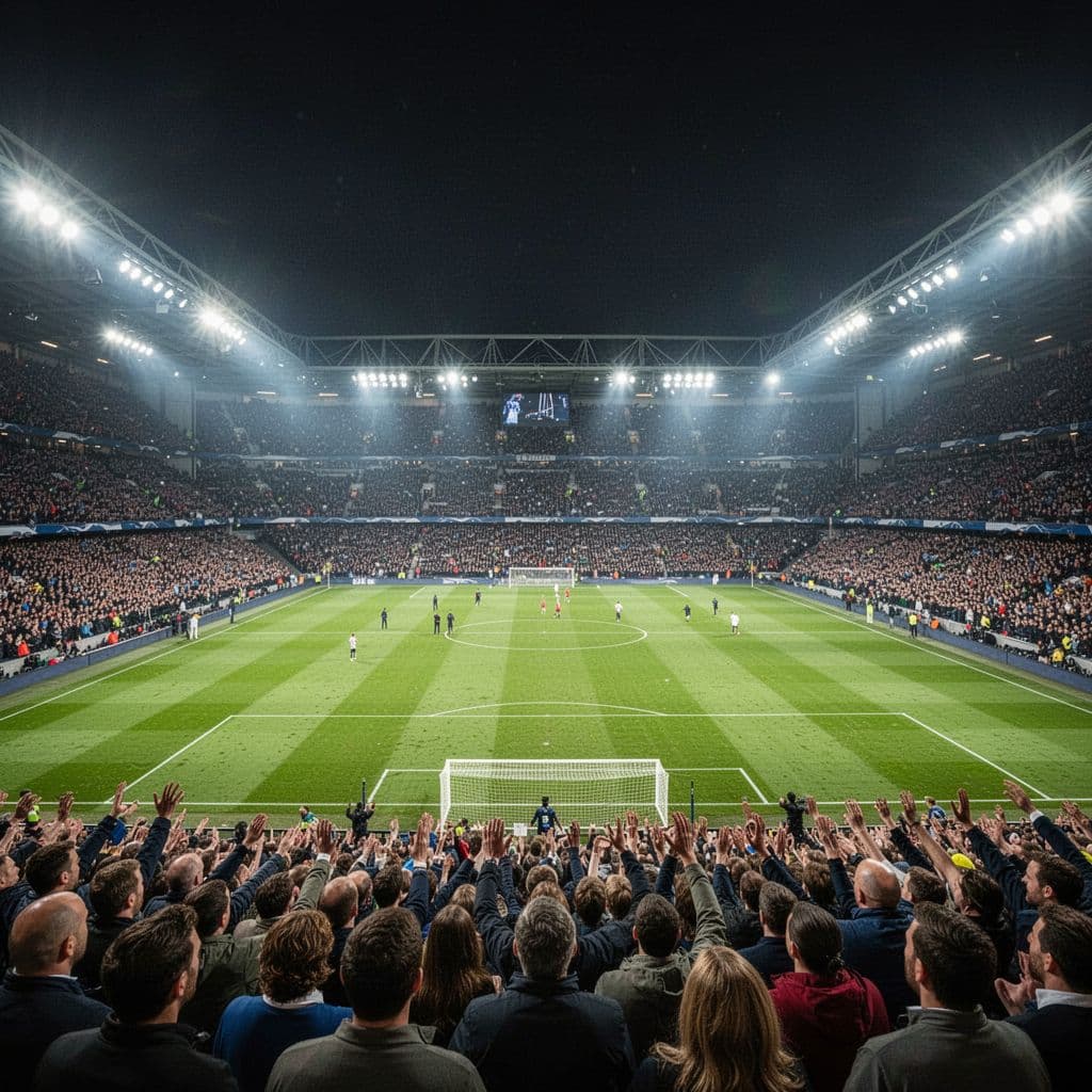 Nighttime wide-angle view from stands of crowded Villa Park stadium, bright lights shining on green pitch.