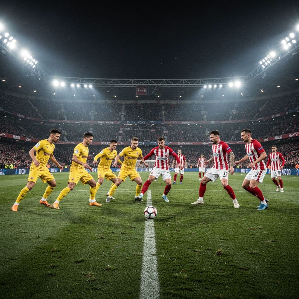 Players in yellow and striped jerseys compete for the ball during a nighttime football match.