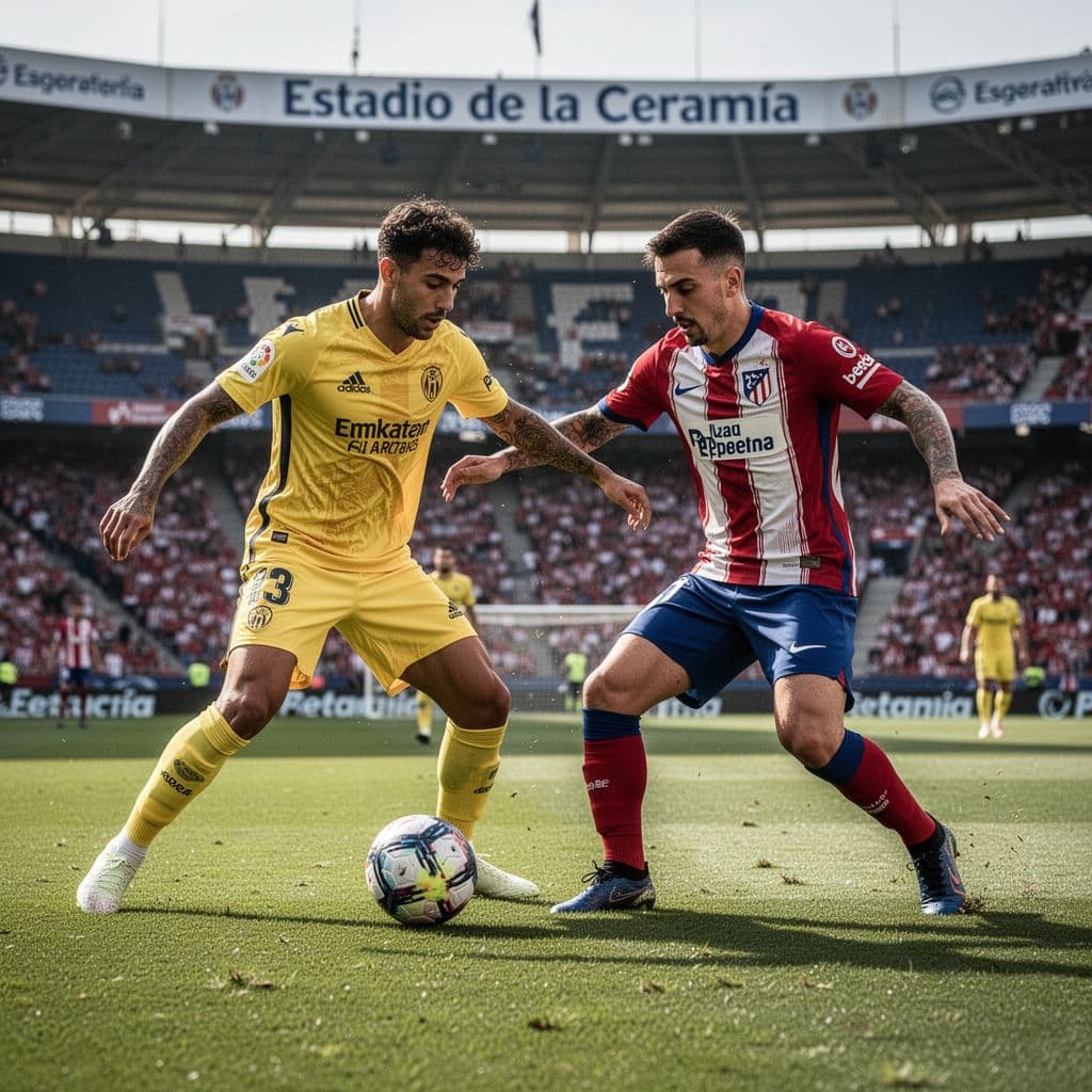 Two football players in yellow and striped jerseys compete for possession in a stadium.