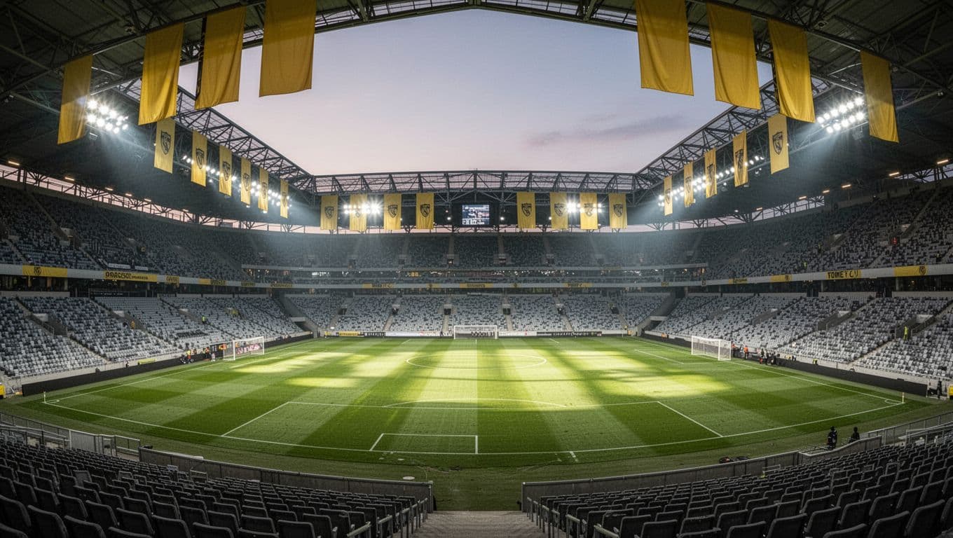 Empty stands in Estadio de la Cerámica at dusk with floodlights on green pitch, players in defensive formation, and yellow Villarreal banners.